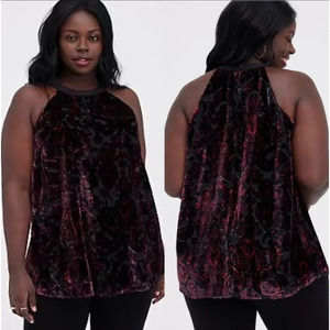 Torrid Paisley Velvet Burnout Halter Tunic Tank Top in Red Black Size 0 / Large